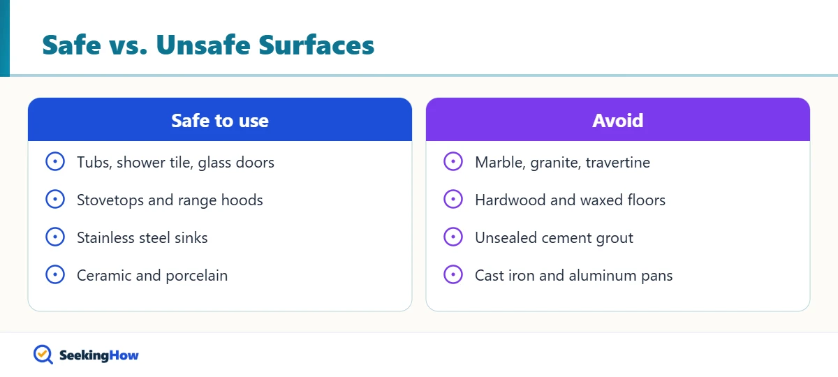 Surfaces where vinegar and dish soap are safe or unsafe