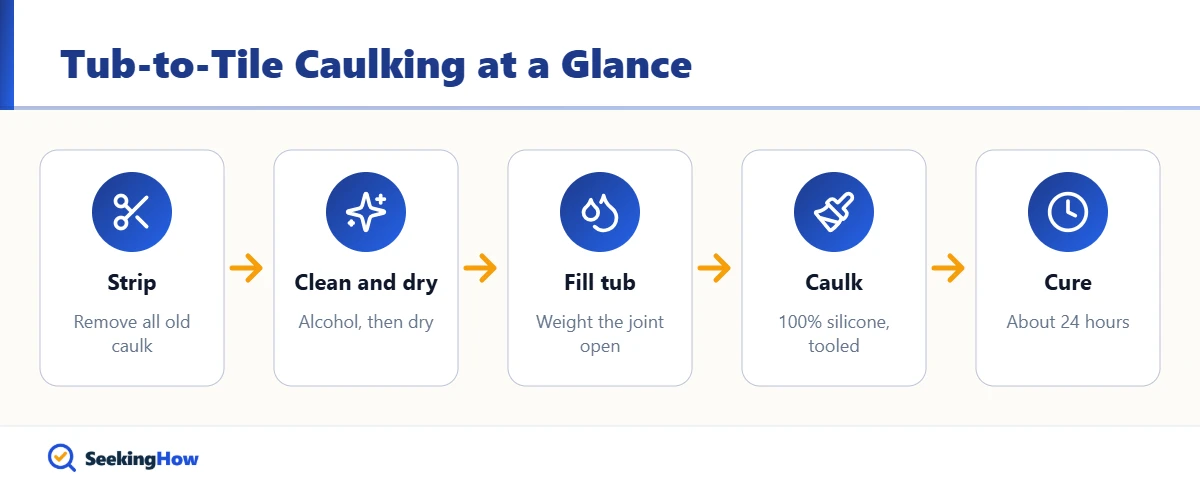 Flow diagram of how to caulk a fiberglass tub to a tile wall