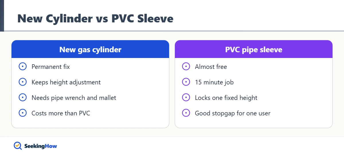 Comparison of new gas cylinder and PVC sleeve for a sinking desk chair