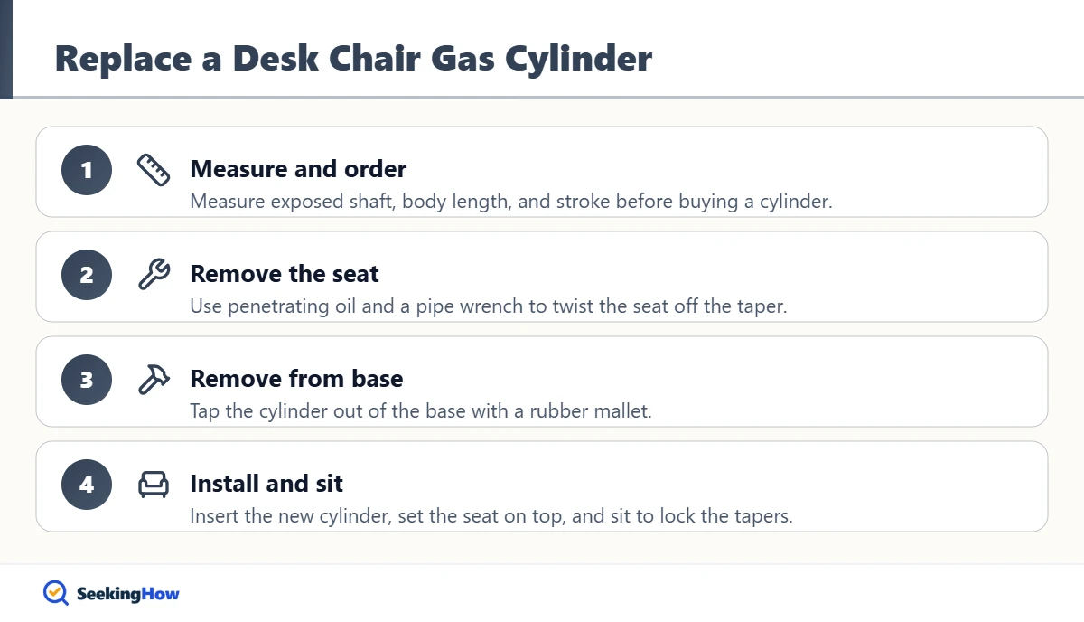 Steps to replace a gas cylinder on a desk chair that keeps sinking
