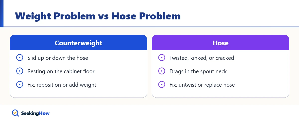 Comparing counterweight and hose causes of a sink sprayer that won't retract