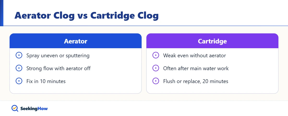 Comparing aerator and cartridge causes of low water pressure in one faucet