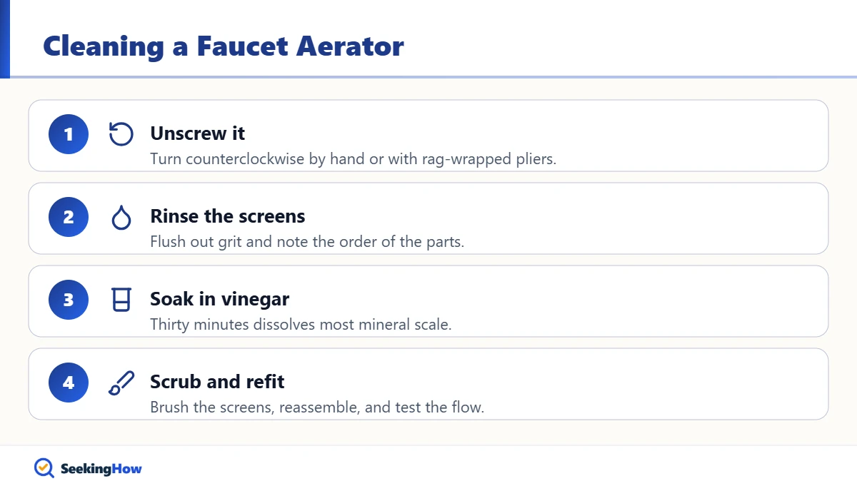 Steps to clean an aerator to fix low water pressure in only one faucet