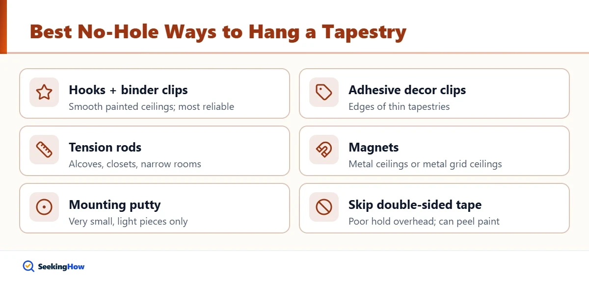Best methods to hang a tapestry on the ceiling without holes