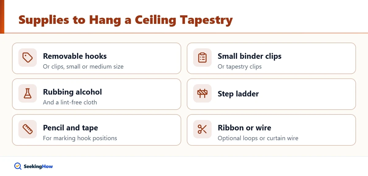 Supplies to hang a tapestry on the ceiling without holes