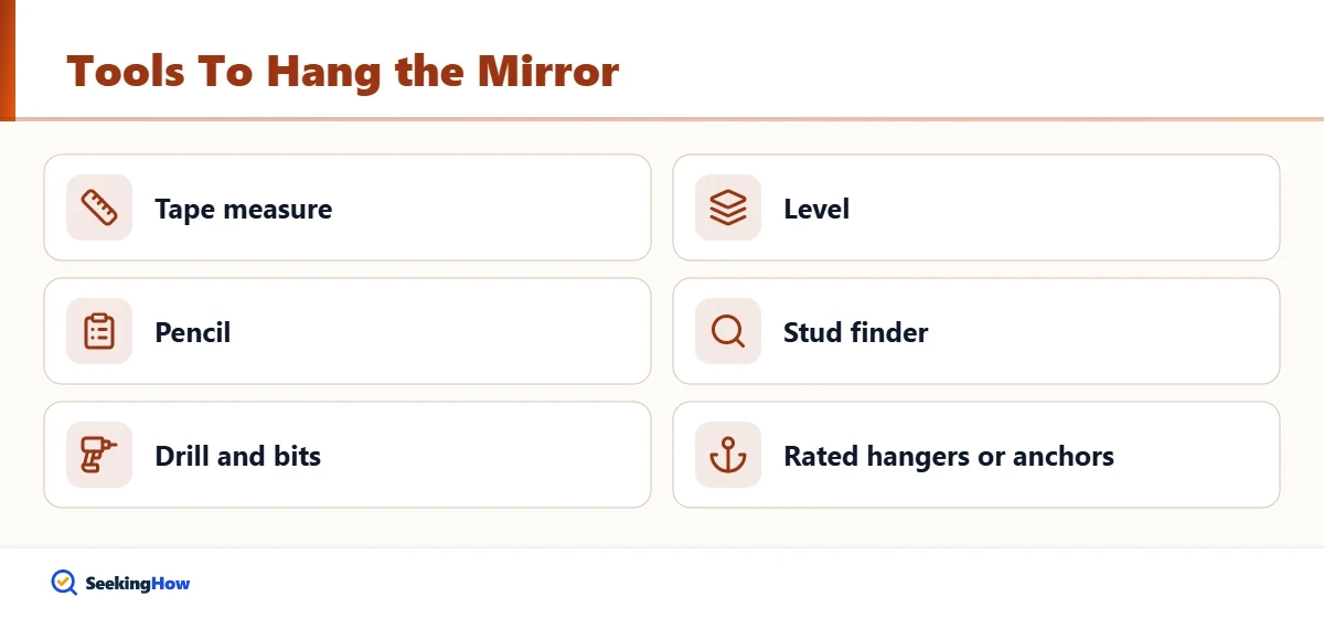 Tools needed to hang a mirror over a buffet