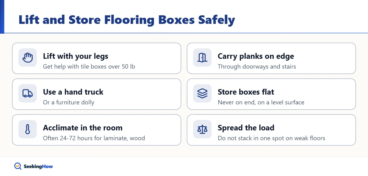 Tips for lifting and storing heavy flooring boxes safely