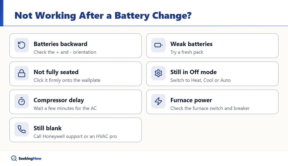 Troubleshooting a Honeywell thermostat after changing the battery