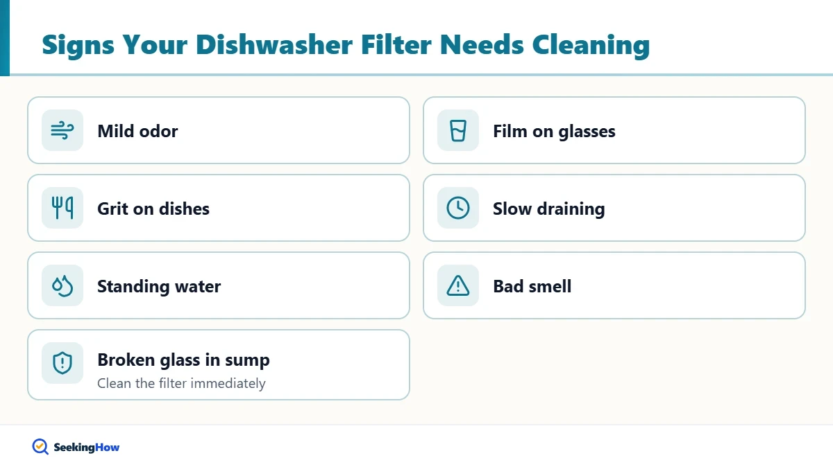 Signs a Frigidaire dishwasher filter needs cleaning