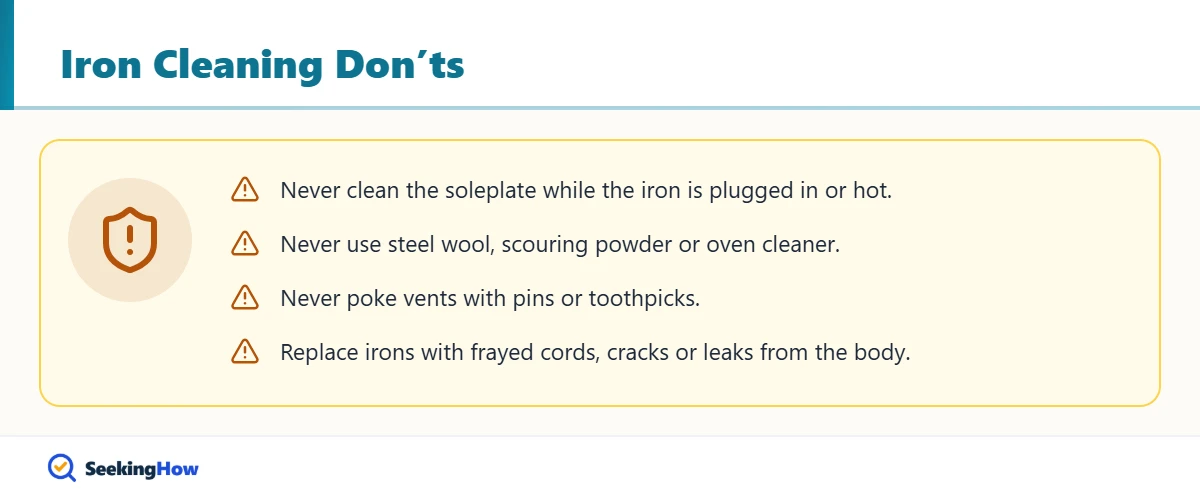 Things to avoid when cleaning the bottom of an iron