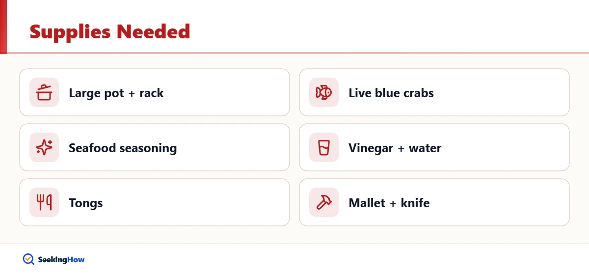 Supplies needed to cook blue crabs