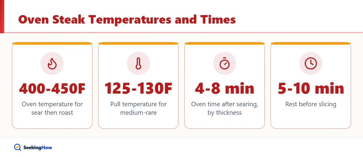 Key temperatures and times for how to cook steak in the oven