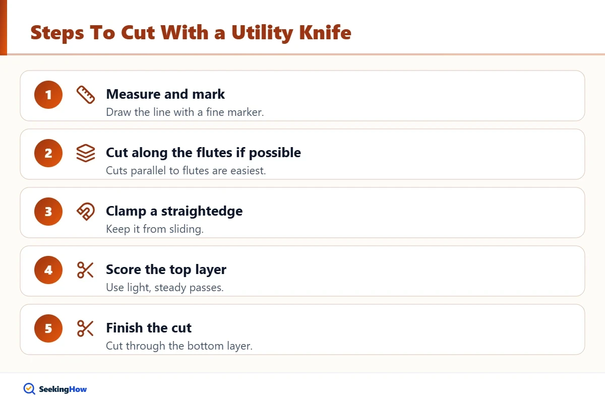 Step-by-step infographic on how to cut corrugated plastic with a utility knife