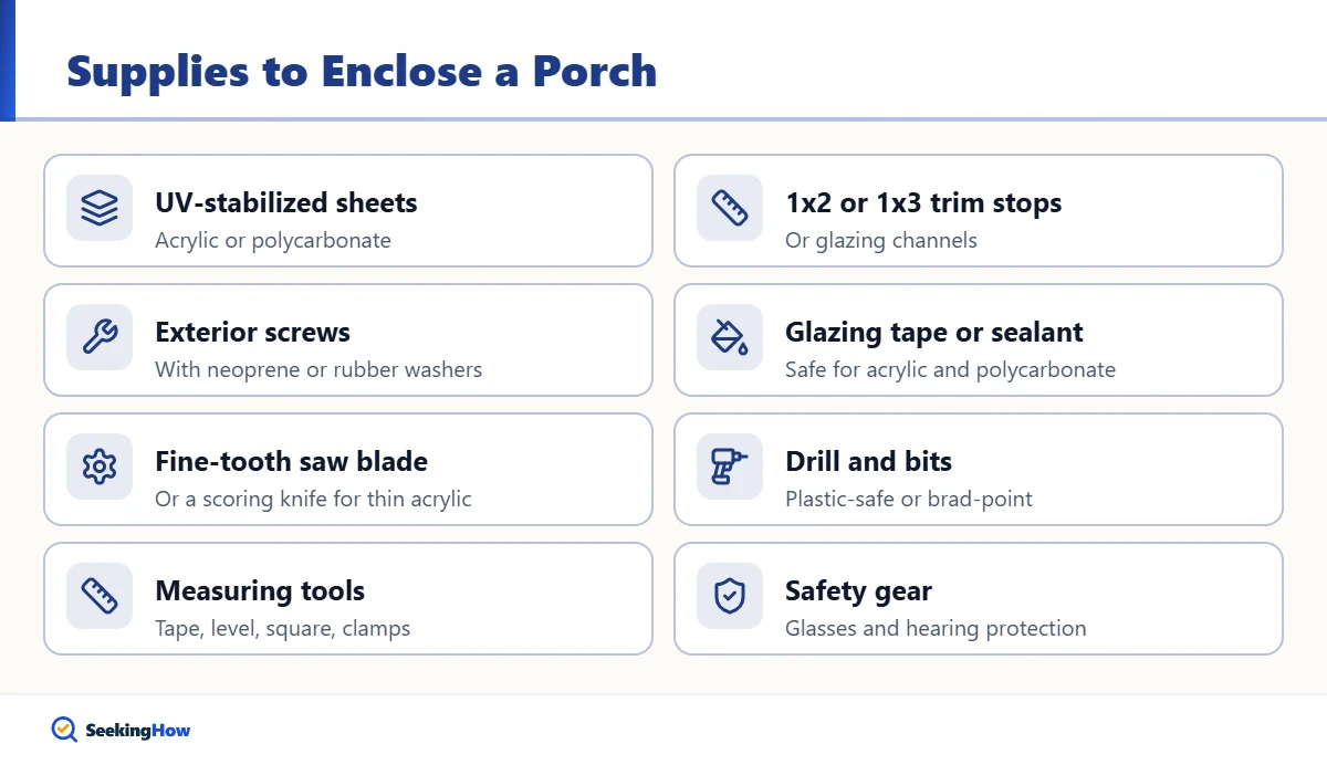 Supplies needed to enclose a porch with plexiglass