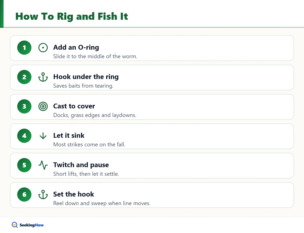 Step-by-step infographic on how to fish a wacky rig