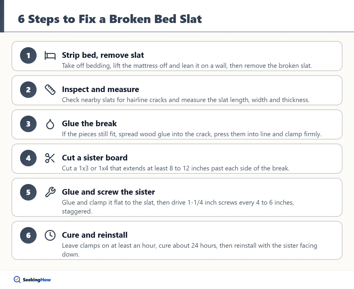 Step-by-step diagram of how to fix a broken bed slat