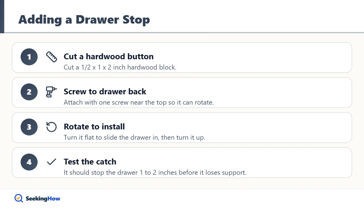 Steps to add a wooden drawer stop to a dresser drawer that falls out