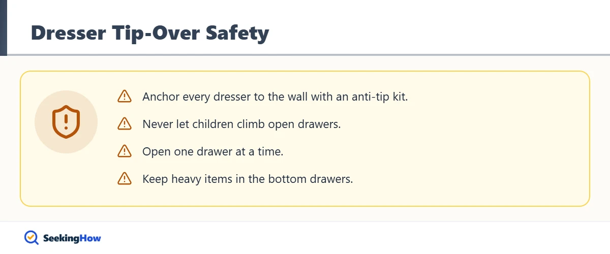 Dresser tip-over safety warnings when fixing drawers