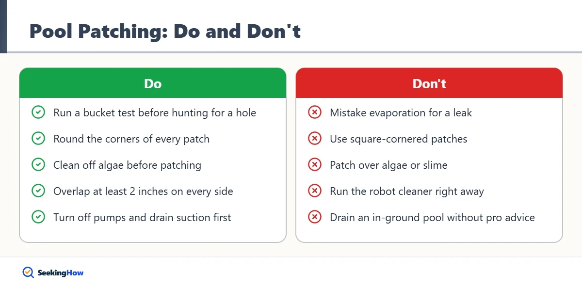 Do and do not tips for fixing a hole in the bottom of a pool
