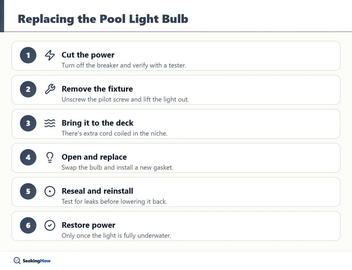 Step-by-step infographic on how to fix a pool light by replacing the bulb