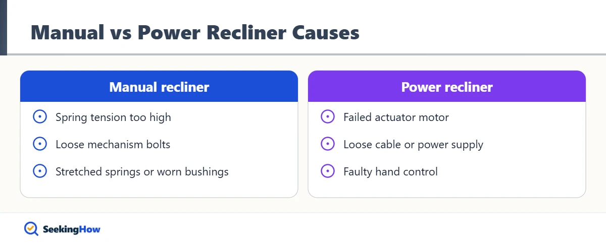 Manual versus power recliner causes when it will not stay reclined
