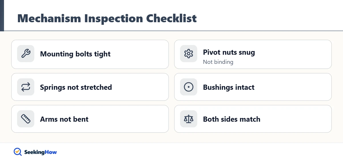 Checklist to inspect a recliner mechanism that will not stay reclined