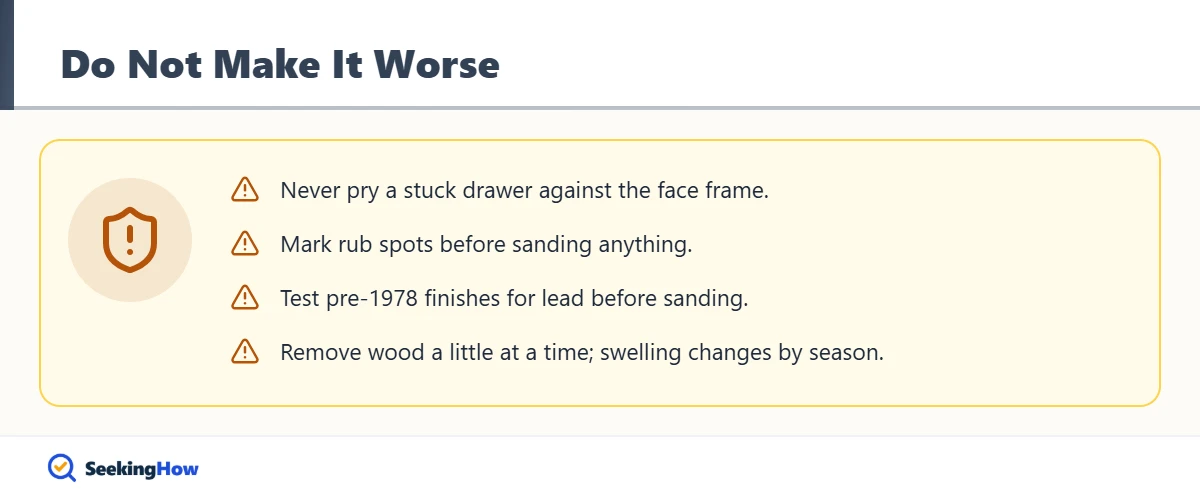 Warnings when fixing a sticking wooden drawer