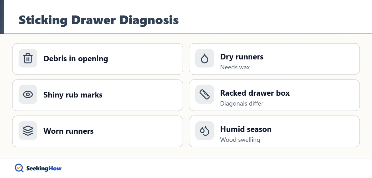 Checklist to diagnose a sticking wooden drawer