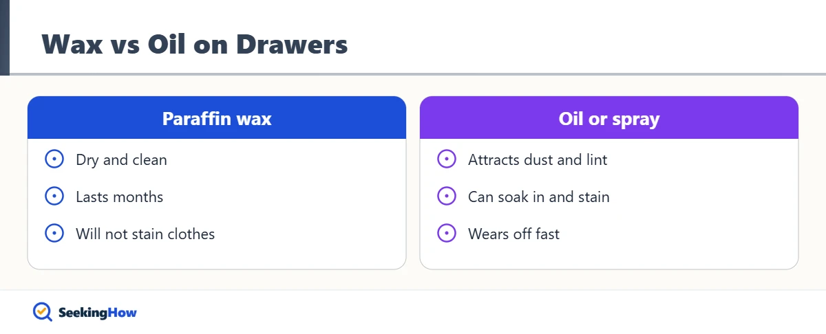 Paraffin wax compared with oil for lubricating a sticking wooden drawer