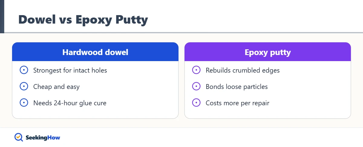 Dowel compared with epoxy putty for stripped particle board screw holes
