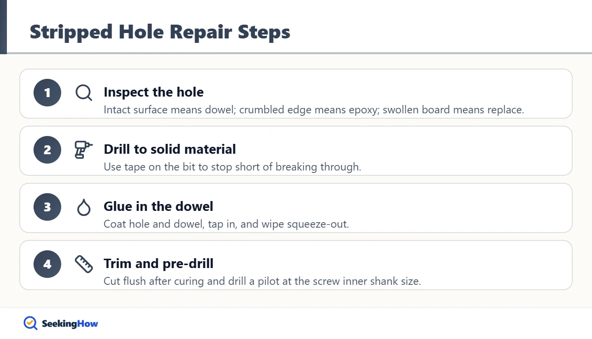 Steps to repair a stripped screw hole in particle board