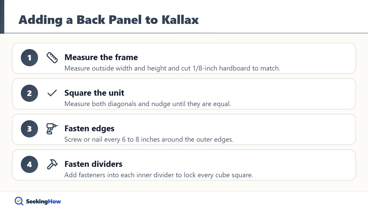 Steps to add a hardboard back panel to fix a wobbly IKEA Kallax