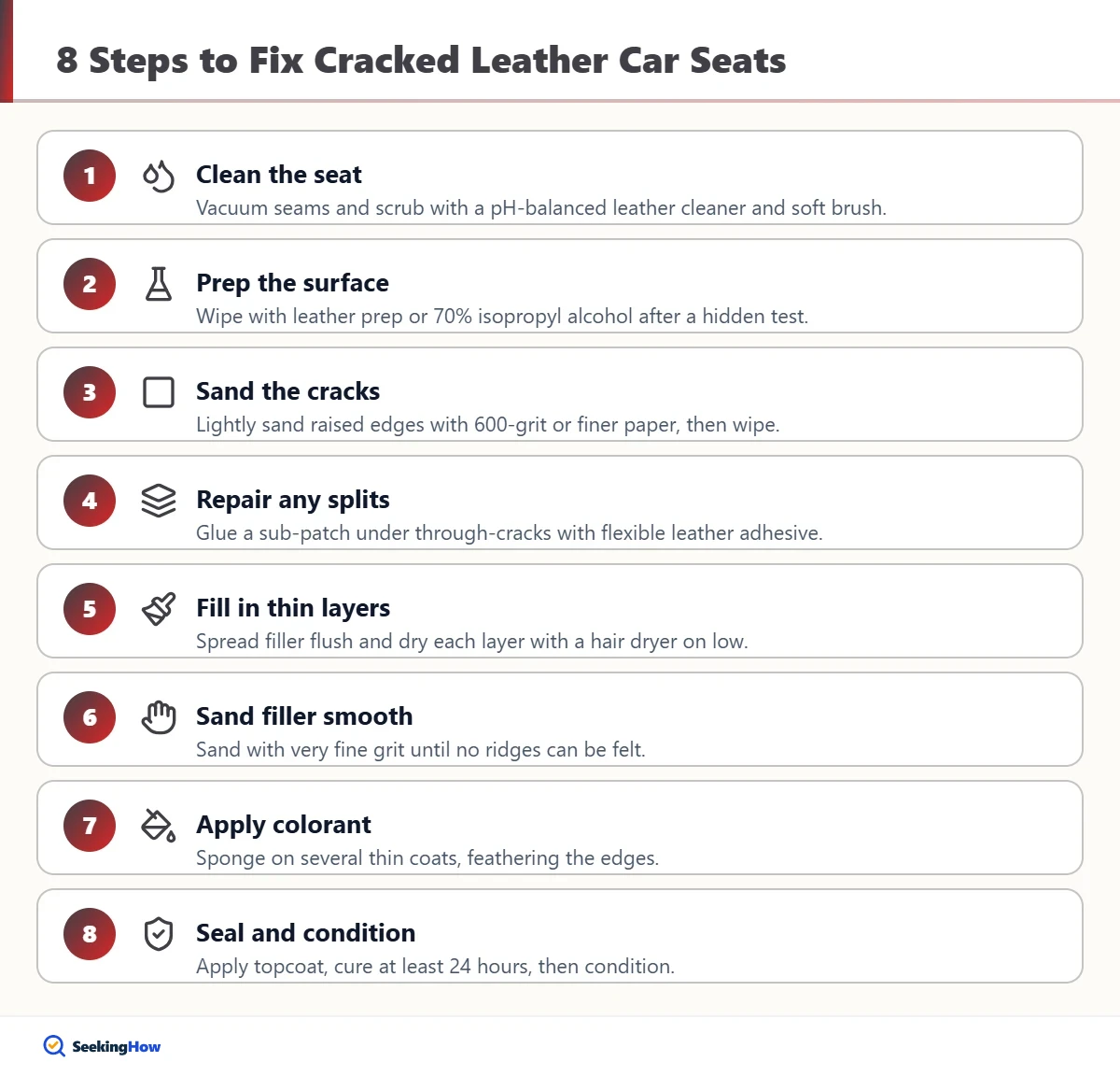Steps to repair cracked leather car seats