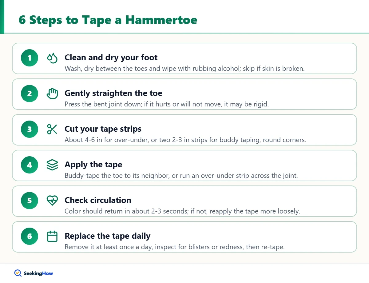 Six steps showing how to fix hammertoe with tape