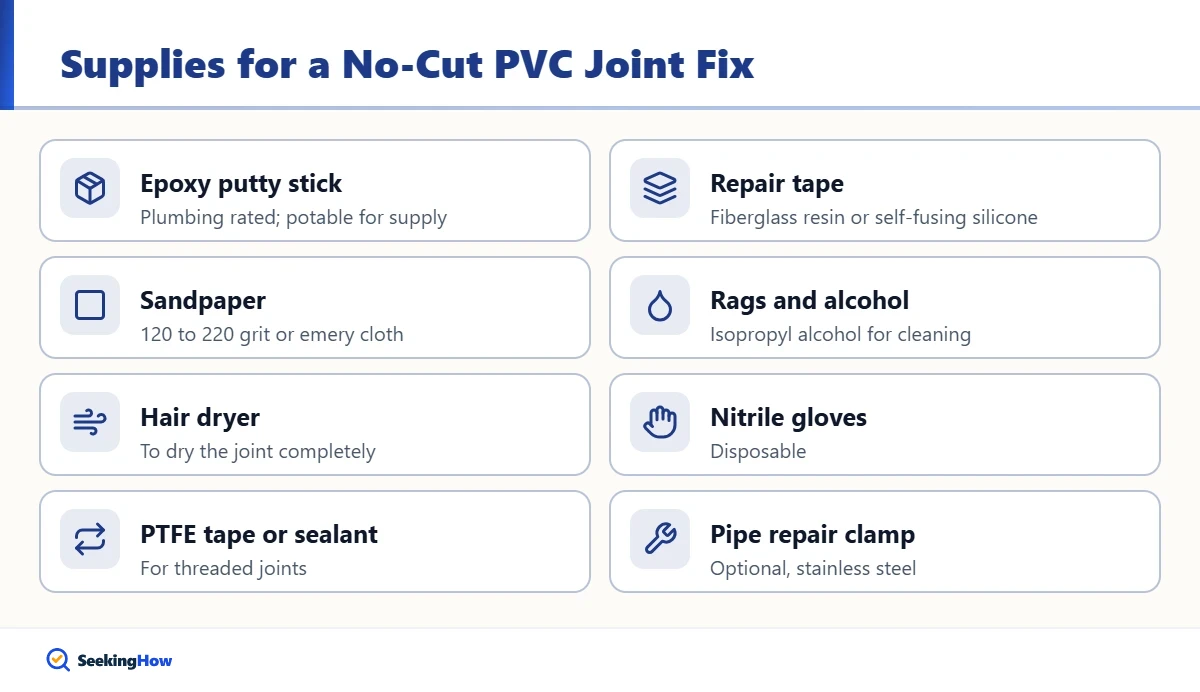 Supplies to fix a leaking PVC joint without cutting