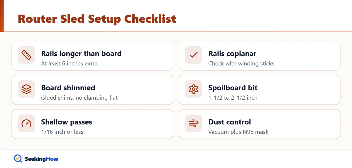 Router sled setup checklist for flattening a warped board