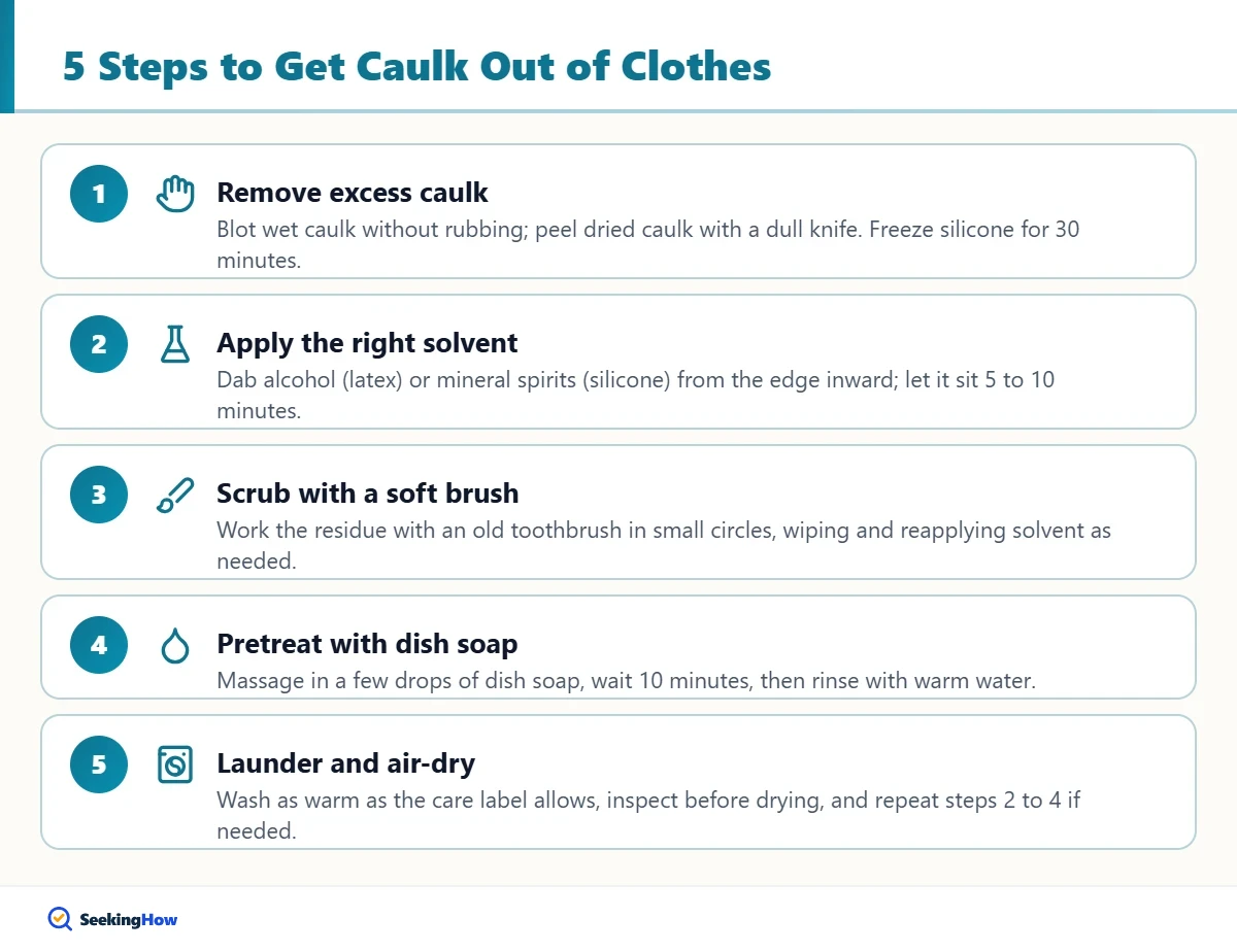 Step-by-step infographic showing how to get caulk out of clothes
