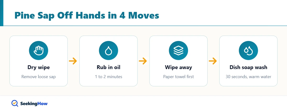 Flow showing how to get pine sap off your hands with oil and dish soap
