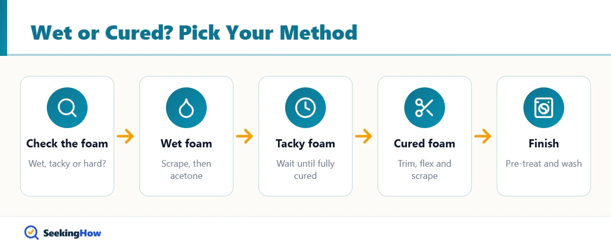 Flow chart for how to get spray foam off clothes depending on whether foam is wet or cured