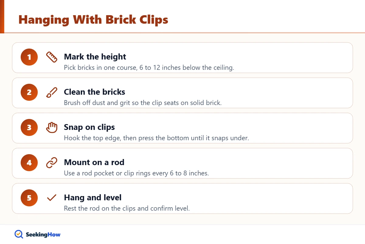 Steps to hang a tapestry on brick with brick clips and a rod