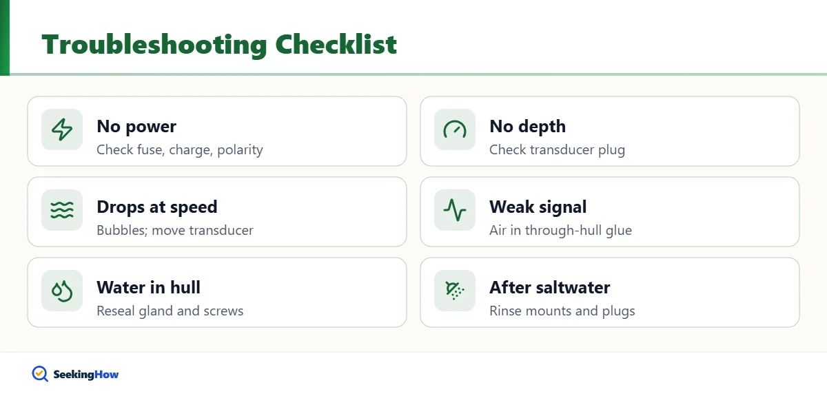 Troubleshooting checklist after you install a fish finder on a kayak