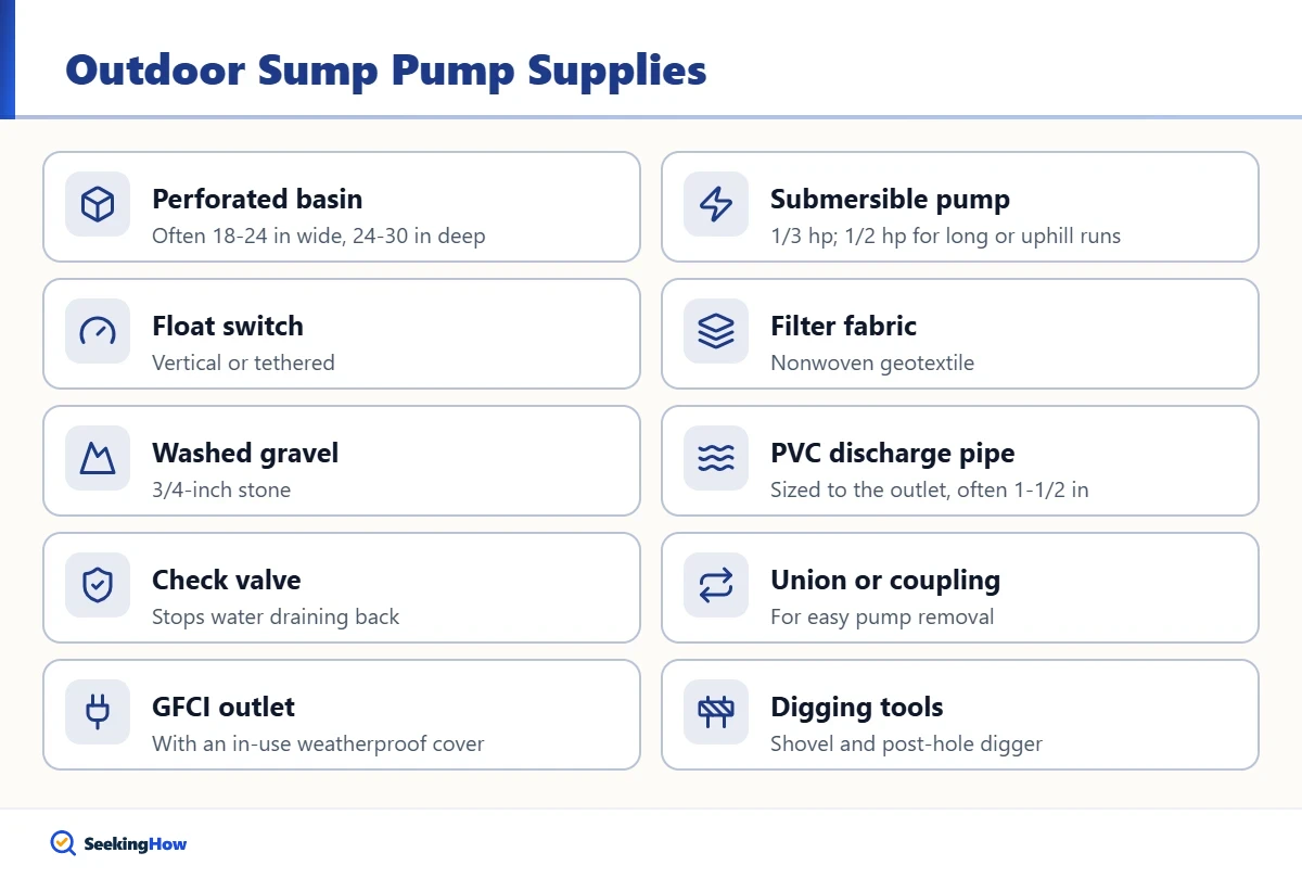 Supplies needed to install a sump pump outside