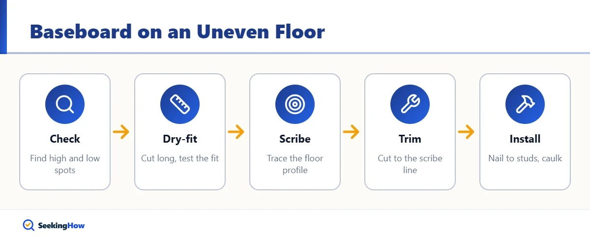 Overview of how to install baseboard molding on an uneven floor