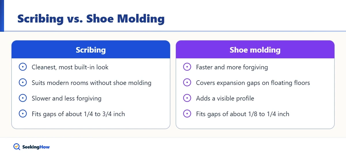 Scribing versus shoe molding for baseboard on an uneven floor
