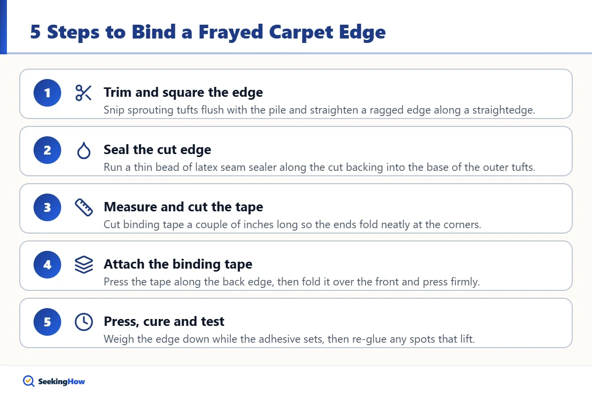 Five steps to bind a frayed carpet edge with binding tape