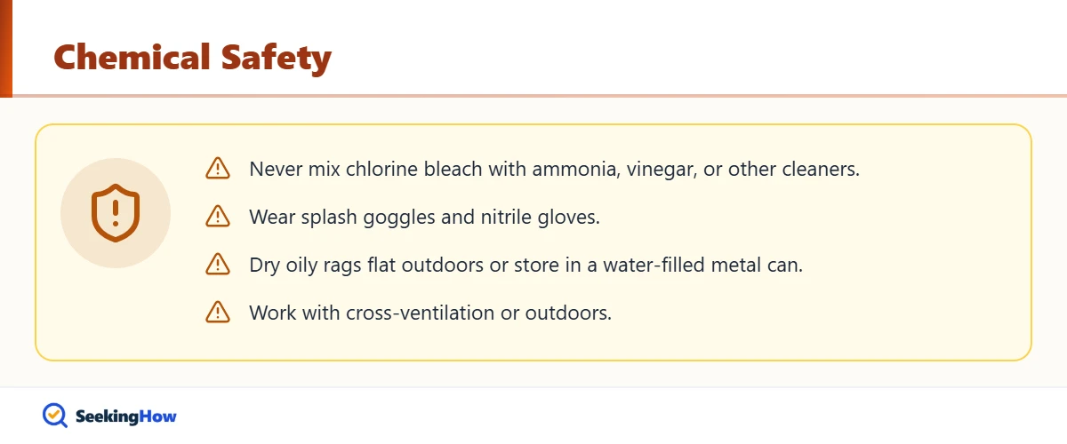 Safety warnings for lightening walnut stain with bleach and solvents