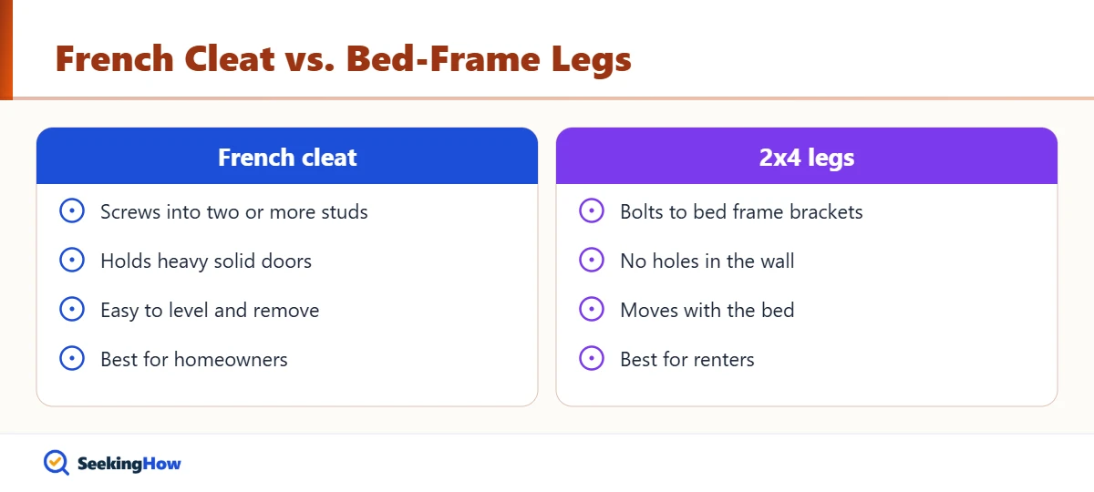 Comparison of mounting a door headboard with a French cleat or legs