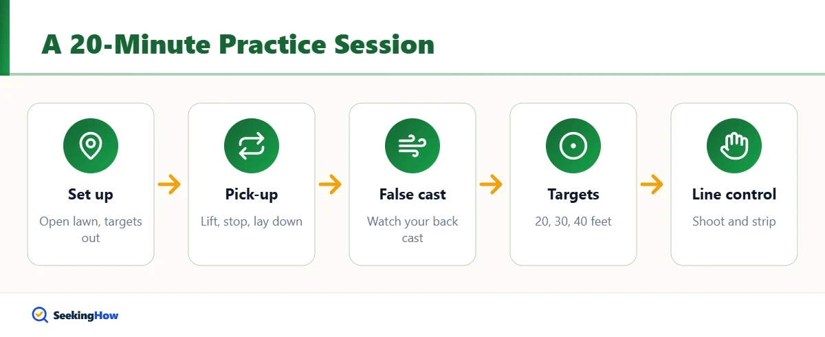 Overview of a session showing how to practice fly fishing on a lawn