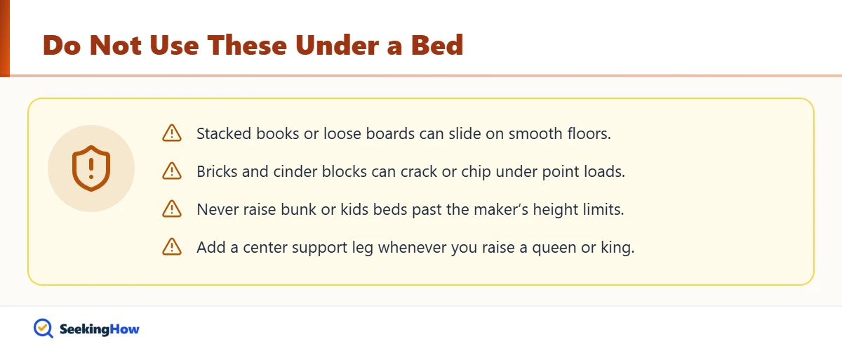 Unsafe items to avoid when raising a bed frame