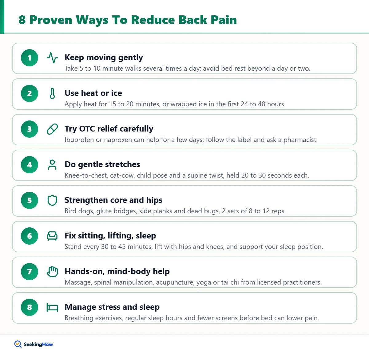 Eight steps showing how to reduce back pain at home